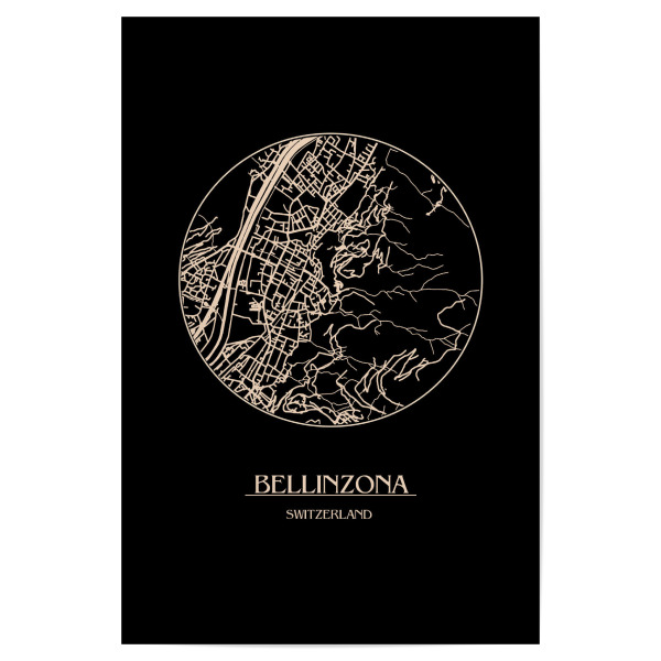 Poster "Retro Map Bellinzona Black" artboxONE - Städte,Schwarzweiß,Städte / Weitere,Kartografie - Retro,Map,Bellinzona,Vintage,Switzerland