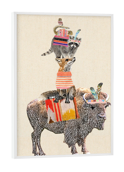 Poster mit weißem Rahmen "Tierpyramide mit Büffel" artboxONE - Für Kinder - Tiere,Büffel,Fuchs,Waschbär,Streifenhörnchen