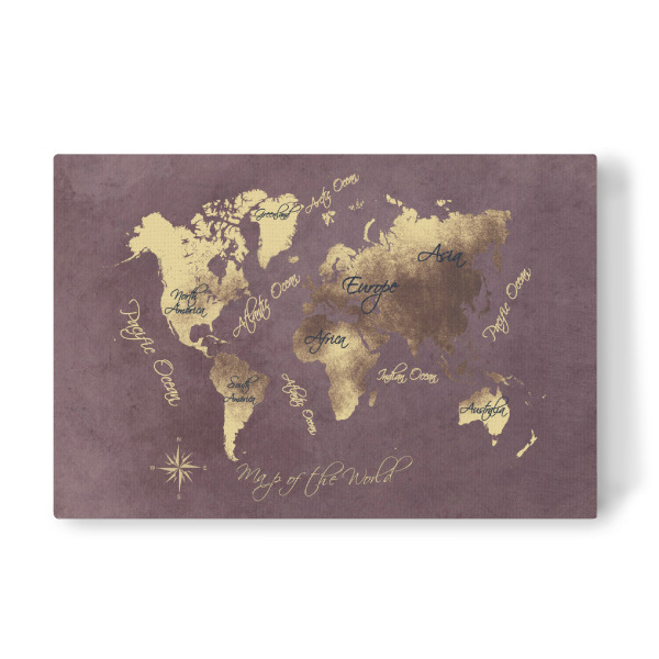 Leinwandbild "Map of the world rose brown gold" artboxONE - Kartografie - Weltkarte,Karte,Welt,Atlas,Weltkarte,Typografie,Kontinente