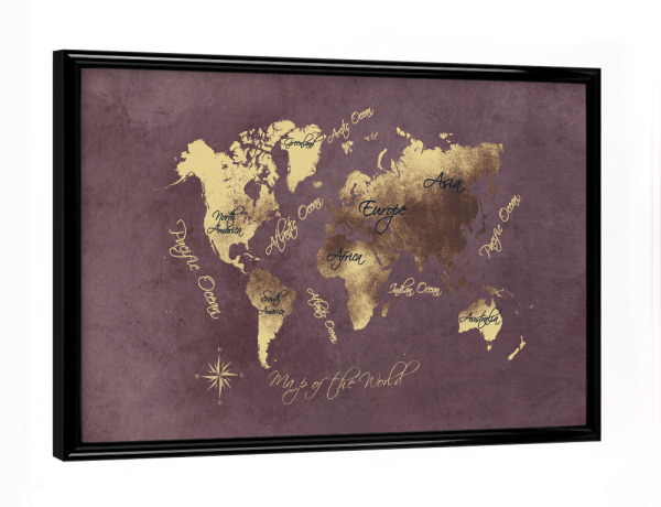 Poster mit schwarzem Rahmen "Map of the world rose brown gold" artboxONE - Kartografie - Weltkarte,Karte,Welt,Atlas,Weltkarte,Typografie,Kontinente