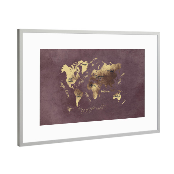 Poster mit Rahmen Silber "Map of the world rose brown gold" artboxONE - Kartografie - Weltkarte,Karte,Welt,Atlas,Weltkarte,Typografie,Kontinente