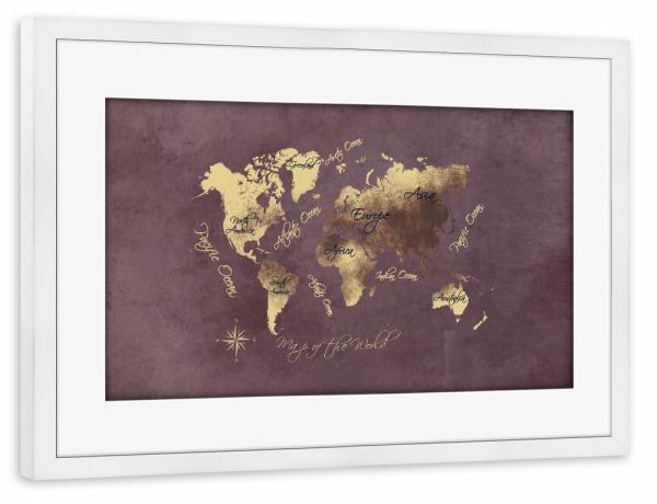 Poster mit Rahmen weiß "Map of the world rose brown gold" artboxONE - Kartografie - Weltkarte,Karte,Welt,Atlas,Weltkarte,Typografie,Kontinente