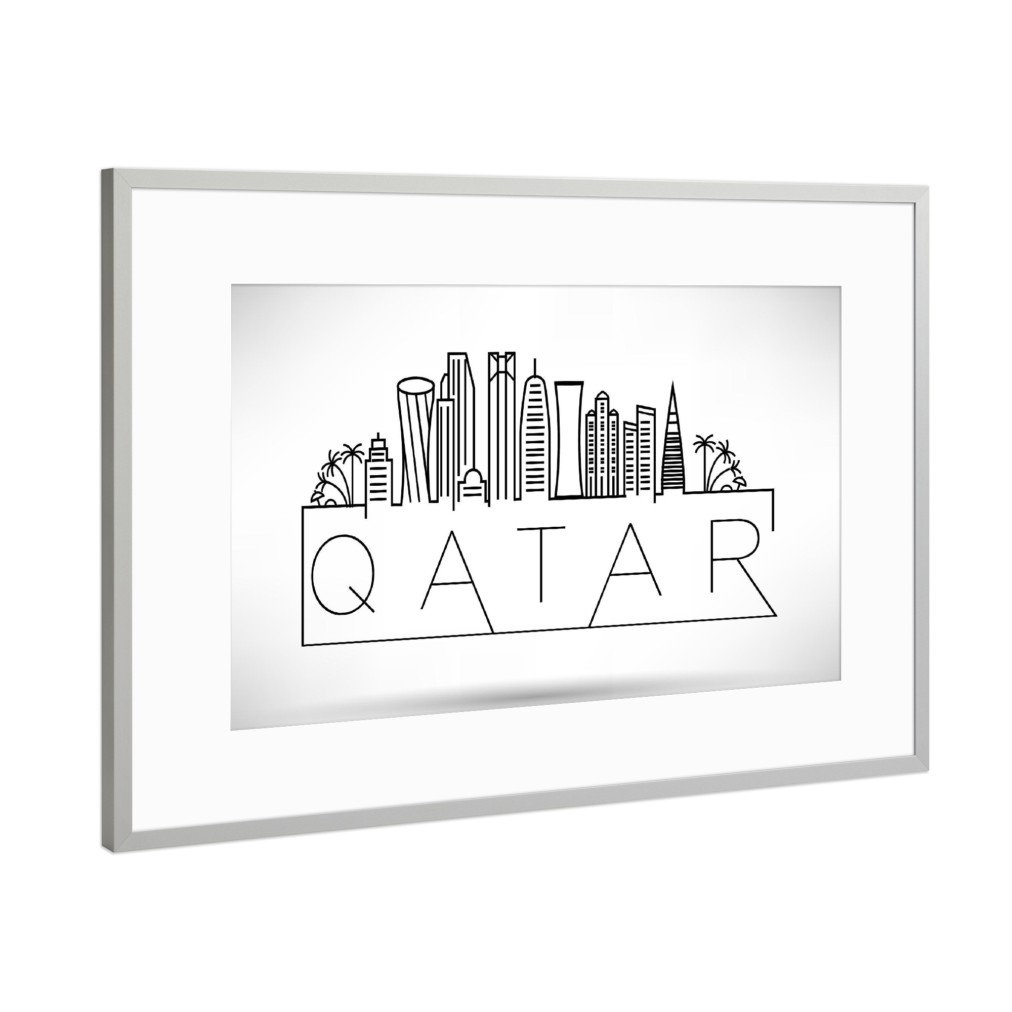 Poster mit Rahmen Silber "Minimal Qatar Skyline Design" artboxONE - Städte,Schwarzweiß - Silhouette,Qatar,Doha,Emirates