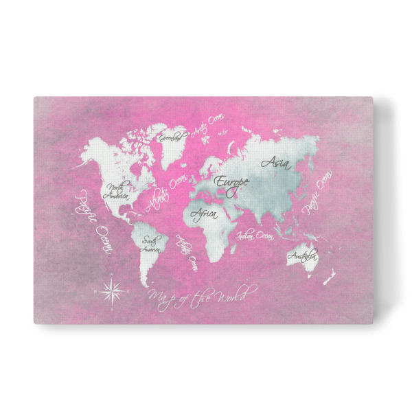 Leinwandbild "World map white magenta" artboxONE - Kartografie - Weltkarte,Karte,Welt,Atlas,Weltkarte,Typografie,Kontinente,Magenta,Weiß