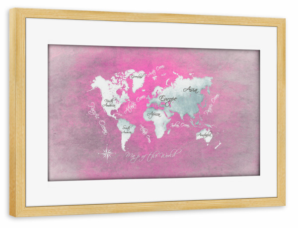 Poster mit Rahmen kiefer "World map white magenta" artboxONE - Kartografie - Weltkarte,Karte,Welt,Atlas,Weltkarte,Typografie,Kontinente,Magenta,Weiß