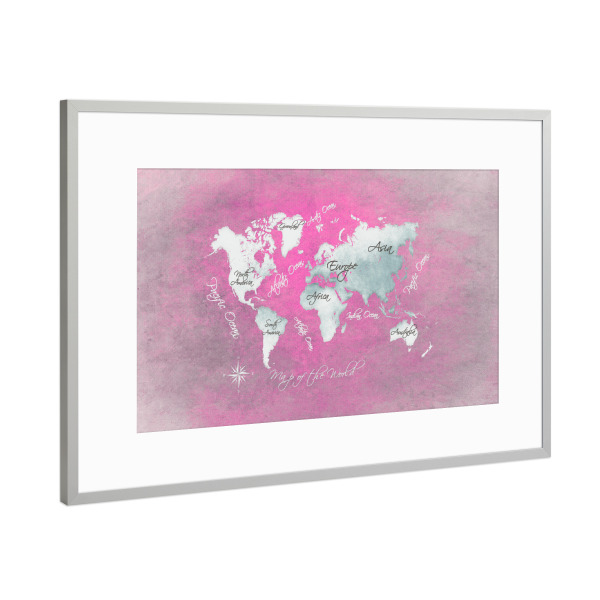 Poster mit Rahmen Silber "World map white magenta" artboxONE - Kartografie - Weltkarte,Karte,Welt,Atlas,Weltkarte,Typografie,Kontinente,Magenta,Weiß