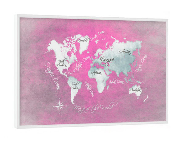 Poster mit weißem Rahmen "World map white magenta" artboxONE - Kartografie - Weltkarte,Karte,Welt,Atlas,Weltkarte,Typografie,Kontinente,Magenta,Weiß