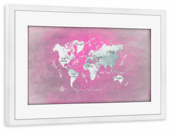 Poster mit Rahmen weiß "World map white magenta" artboxONE - Kartografie - Weltkarte,Karte,Welt,Atlas,Weltkarte,Typografie,Kontinente,Magenta,Weiß