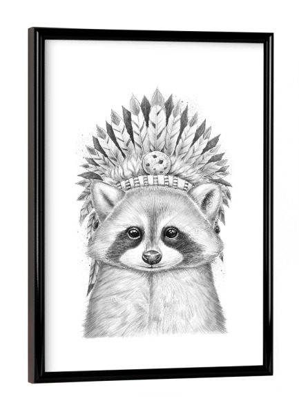 Poster mit schwarzem Rahmen "Raccoon apache" artboxONE - Tiere,Schwarzweiß - Waschbär,Apache,Indianer,Häuptling
