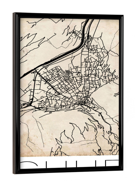 Poster mit schwarzem Rahmen "Retro Map Chur Switzerland Sepia" artboxONE - Städte / Weitere,Kartografie - Retro,Map,Chur,Switzerland,Sepia,Vintage