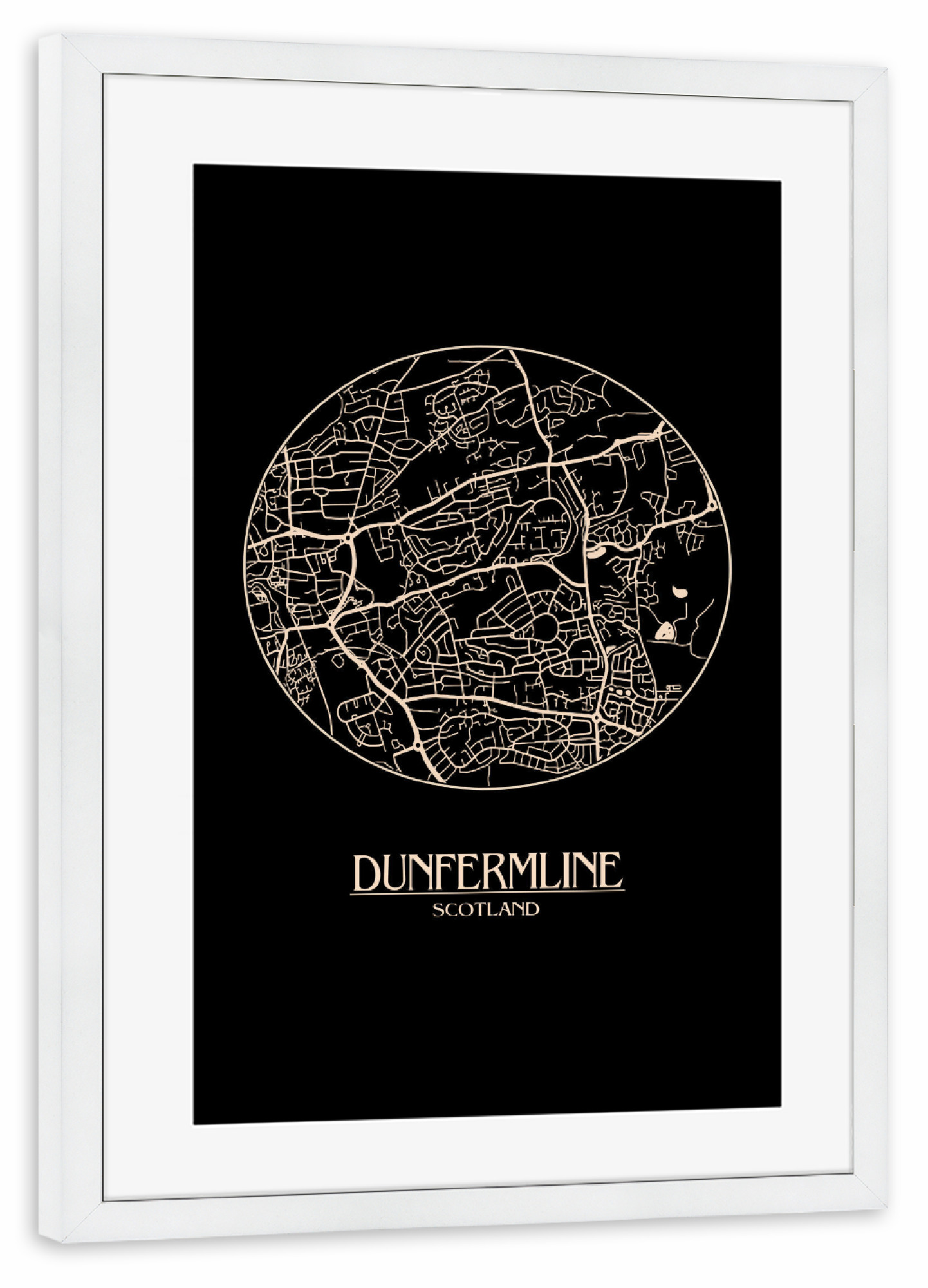 Poster mit Rahmen weiß "Retro Map Dunfermline Round" artboxONE - Städte / Weitere,Kartografie - Retro,Map,Dunfermline,Scotland,Vintage