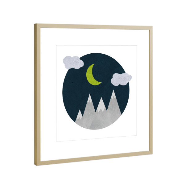 Poster mit Rahmen Gold "Berge bei Nacht" artboxONE - Für Kinder,Abstrakt - Berg,Mond