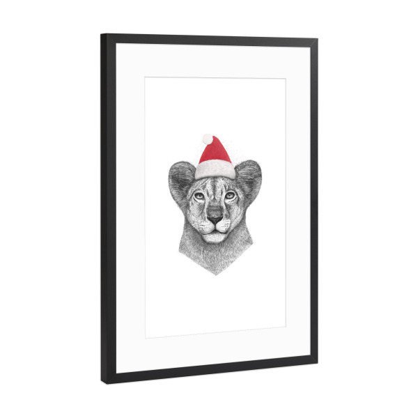 Poster mit Rahmen Schwarz (Metallic) "Christmas prince lion" artboxONE - Tiere,Schwarzweiß,Weihnachten - Lion,Prince,Cat,Christmas