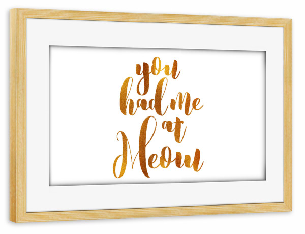Poster mit Rahmen kiefer "You had me at meow golden" artboxONE - Typografie - Cat love,Crazy cat lady,Meow,Calligraphy,Cat