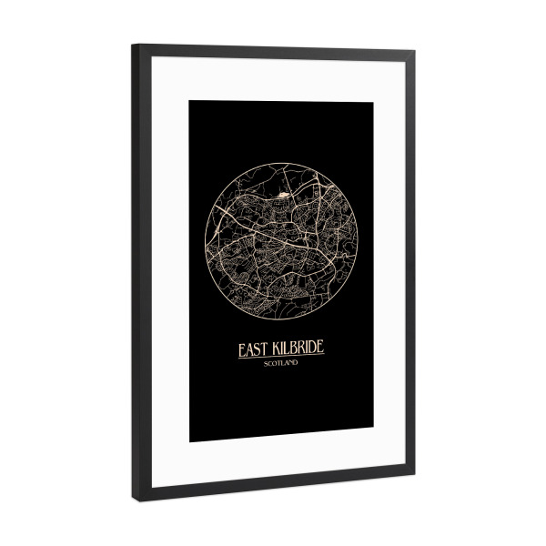 Poster mit Rahmen Schwarz (Metallic) "Retro Map East Kilbride Round" artboxONE - Städte / Weitere,Kartografie
