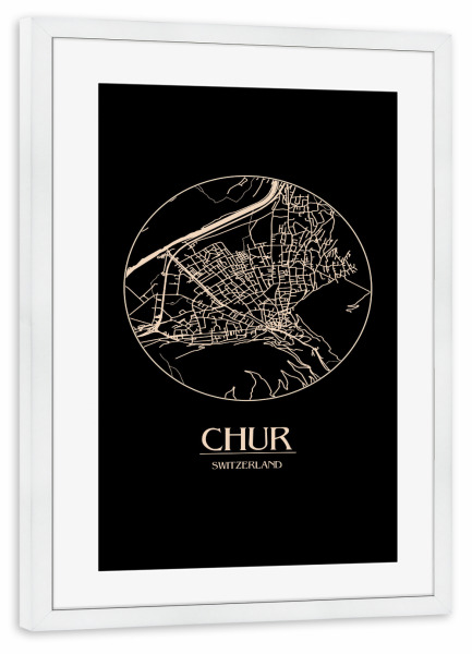Poster mit Rahmen weiß "Retro Map Chur Switzerland Round" artboxONE - Städte,Reise,Städte / Weitere,Kartografie - Retro,Switzerland,Round,Map,Chur