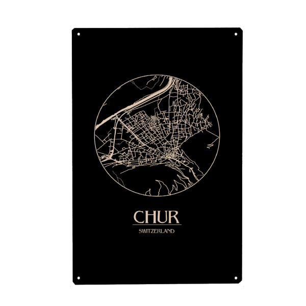 Metall Poster "Retro Map Chur Switzerland Round" artboxONE - Städte,Reise,Städte / Weitere,Kartografie - Retro,Switzerland,Round,Map,Chur