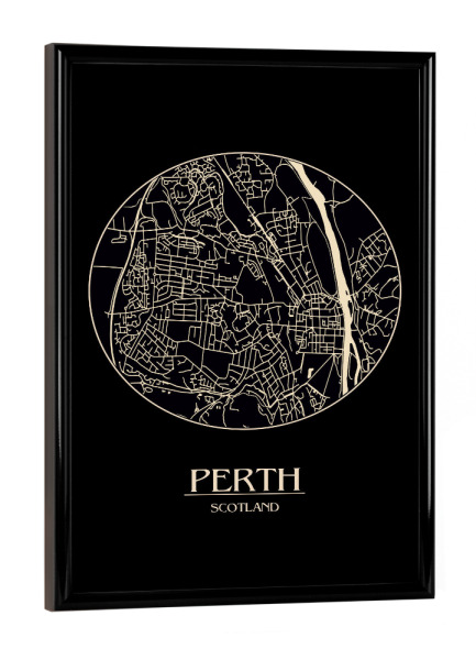 Poster mit schwarzem Rahmen "Retro Map Perth Black Round" artboxONE - Städte,Reise,Städte / Weitere,Kartografie - Map,Perth,Scotland,Retro map
