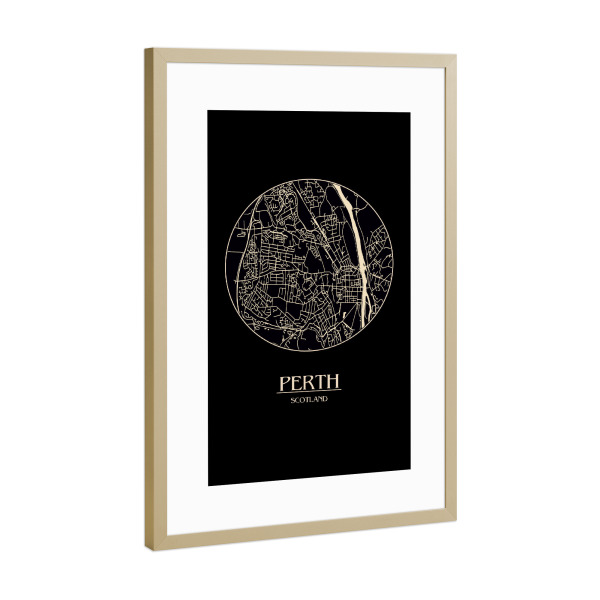 Poster mit Rahmen Gold "Retro Map Perth Black Round" artboxONE - Städte,Reise,Städte / Weitere,Kartografie - Map,Perth,Scotland,Retro map