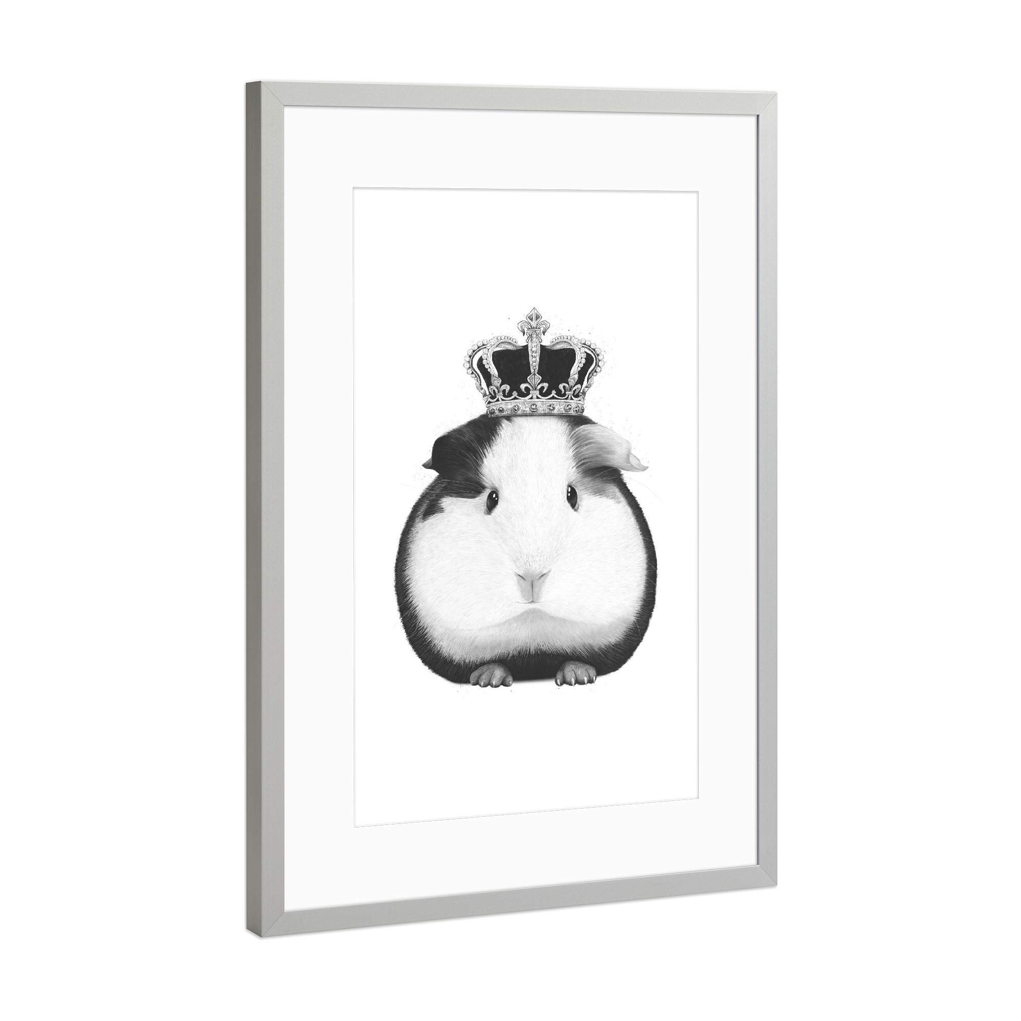 Poster mit Rahmen Silber "King guinea pig" artboxONE - Tiere,Schwarzweiß - King,Guinea pig,Pig,Krone