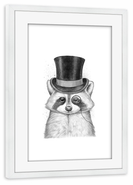 Poster mit Rahmen weiß "Raccoon gentleman" artboxONE - Tiere,Schwarzweiß - Waschbär,Tier,Monokel,Gentleman,Hut