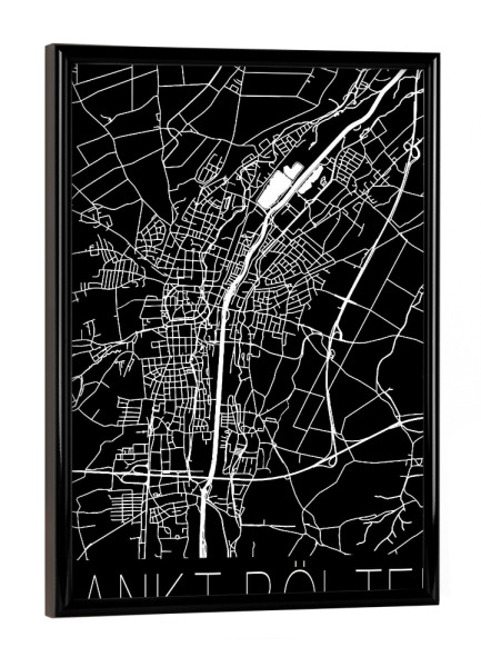 Poster mit schwarzem Rahmen "Retro Map Sankt Pölten Black" artboxONE - Städte,Reise,Schwarzweiß,Städte / Weitere,Kartografie