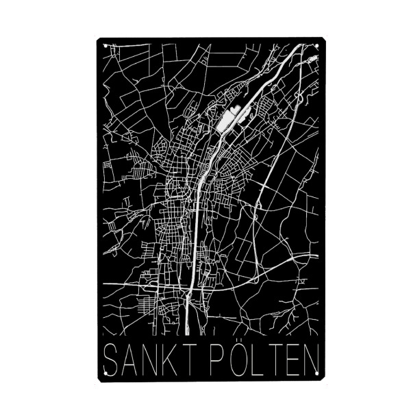 Holzbild "Retro Map Sankt Pölten Black" artboxONE - Städte,Reise,Schwarzweiß,Städte / Weitere,Kartografie - Map,Vintage,Sankt pölten,Austria,Retro map