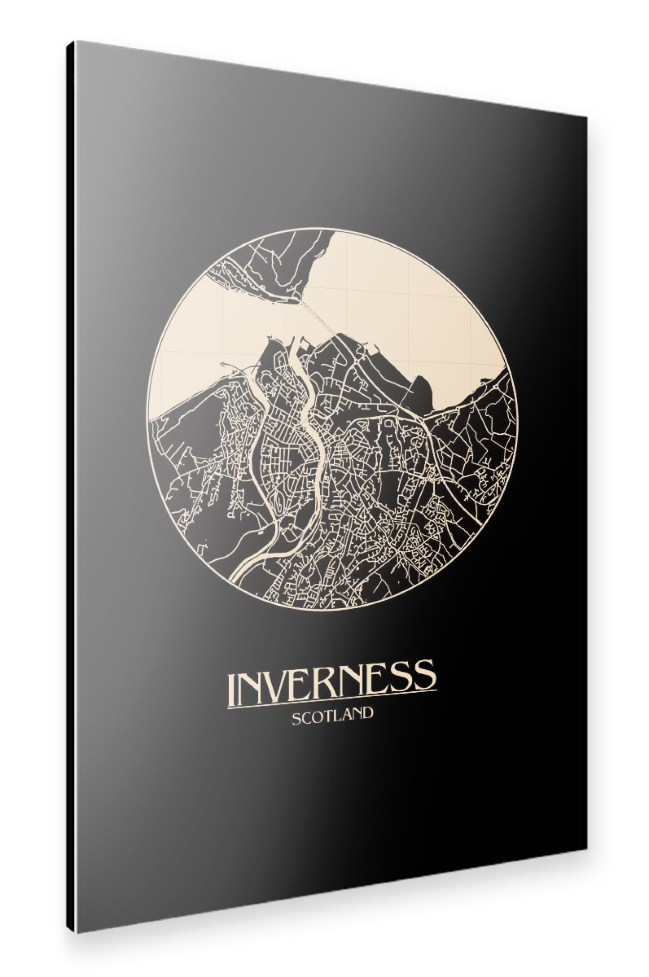 Alu-Dibond "Retro Map Inverness Black Round" 30x20 cm artboxONE
