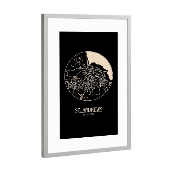 Poster mit Rahmen Silber "Retro Map St. Andrews Black Round" artboxONE - Städte,Reise,Städte / Weitere,Kartografie