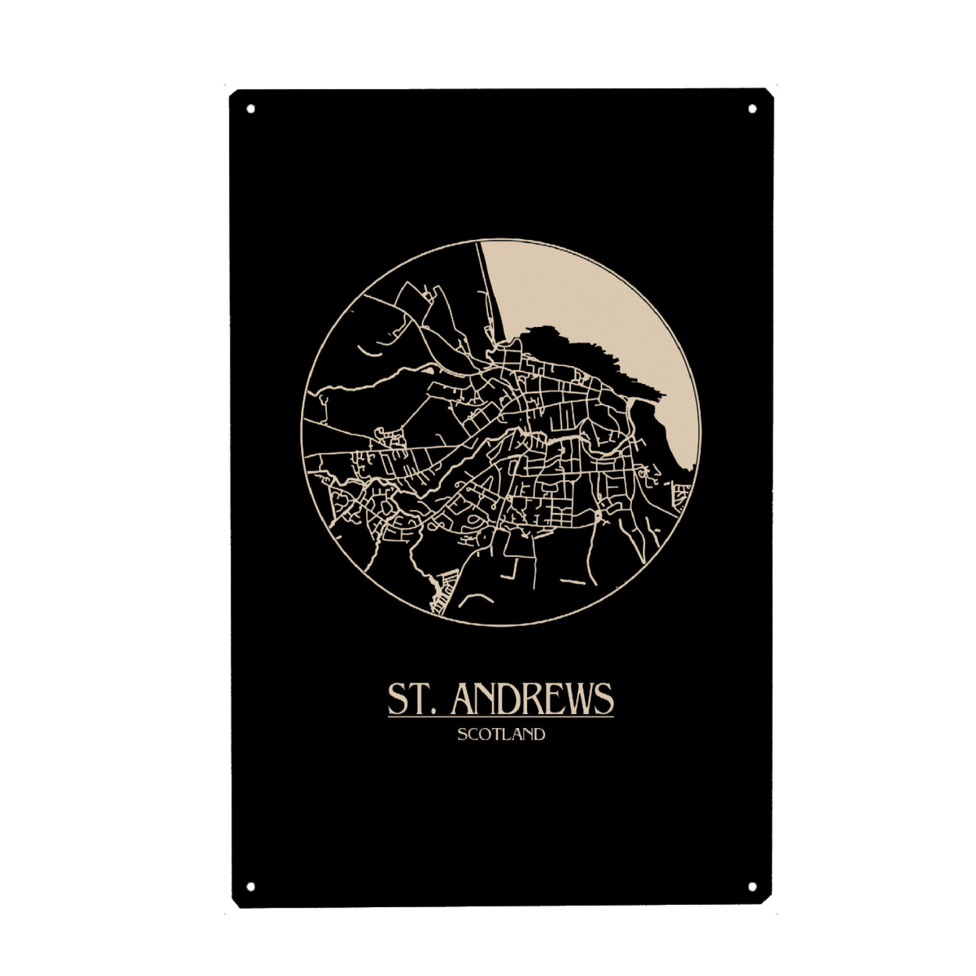 Metall Poster "Retro Map St. Andrews Black Round" artboxONE - Städte,Reise,Städte / Weitere,Kartografie - Map,Vintage,St. andrews,Scotland,Retro map