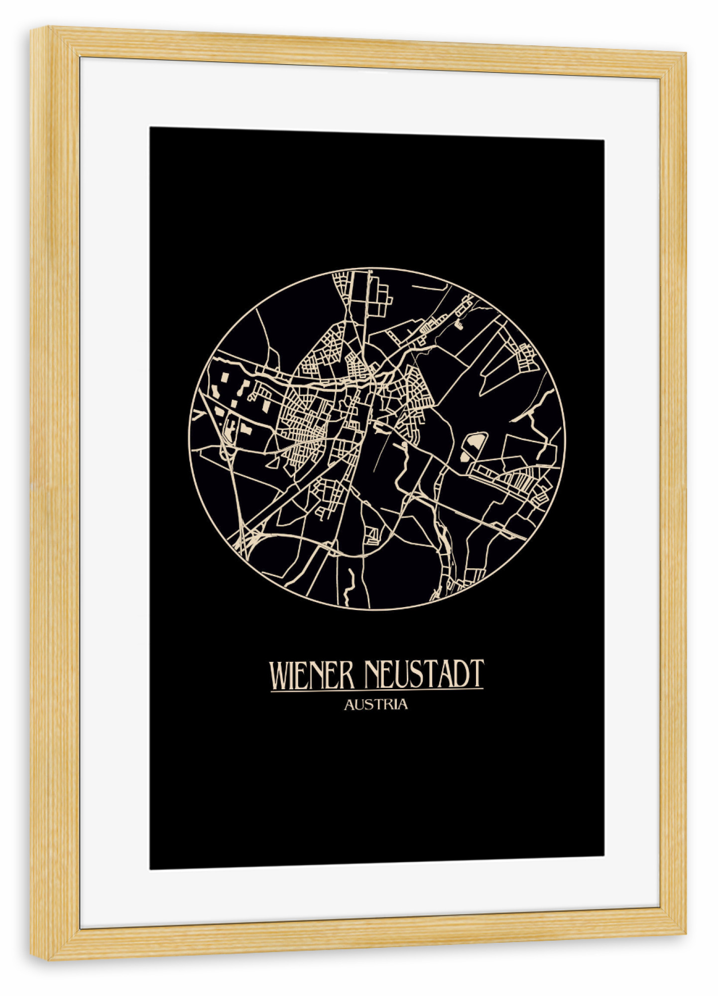 Poster mit Rahmen kiefer "Retro Map Wiener Neustadt Round" artboxONE - Städte / Weitere,Kartografie - Retro,Map,Wiener neustadt,Austria,Vintage