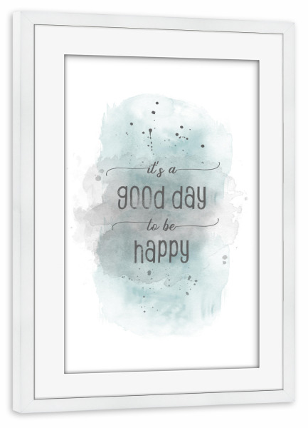 Poster mit Rahmen weiß "Glücklich | Aquarell türkis" artboxONE - Typografie - Spruch,Happy,Good,Motivation,Optimism