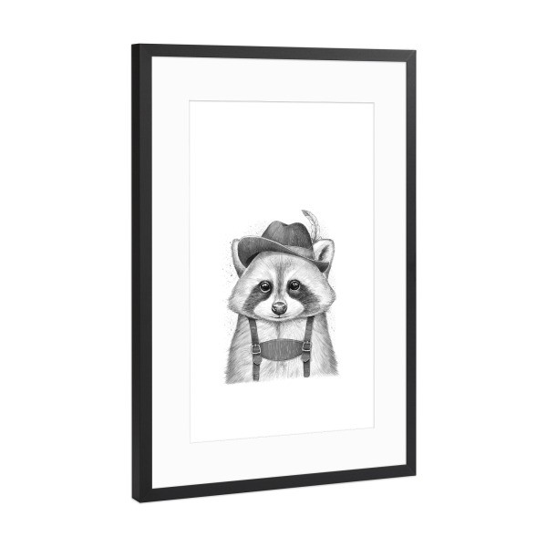 Poster mit Rahmen Schwarz (Metallic) "German raccoon" artboxONE - Natur,Tiere,Schwarzweiß - Waschbär,Tier,Hut,Bayern
