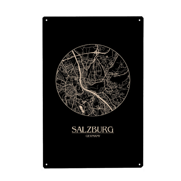 Holzbild "Retro Map Salzburg Black Round" artboxONE - Städte / Weitere,Kartografie - Retro,Map,Salzburg,Austria,Vintage