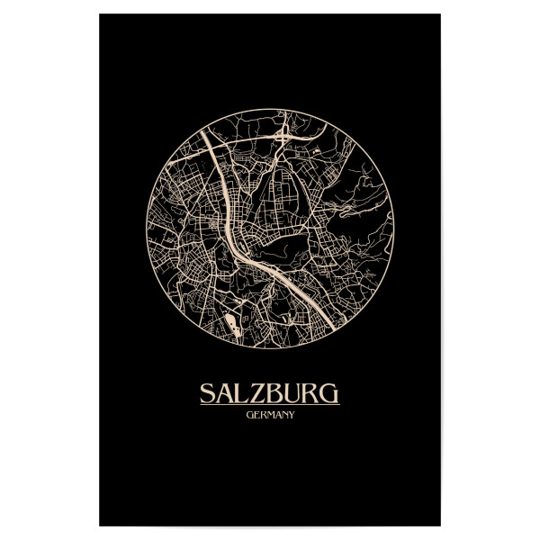 Poster "Retro Map Salzburg Black Round" artboxONE - Städte / Weitere,Kartografie - Retro,Map,Salzburg,Austria,Vintage