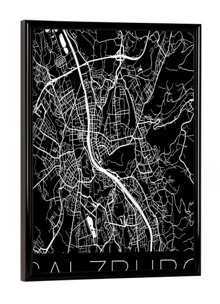 Poster mit schwarzem Rahmen "Retro Map Salzburg Black" artboxONE - Schwarzweiß,Städte / Weitere,Kartografie - Retro,Map,Salzburg,Austria,Vintage