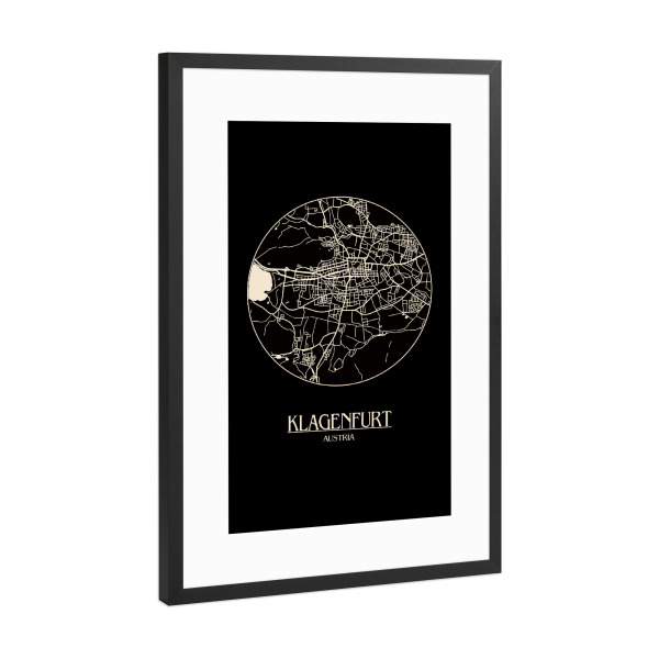 Poster mit Rahmen Schwarz (Metallic) "Retro Map Klagenfurt Black Round" artboxONE - Städte,Reise,Städte / Weitere,Kartografie