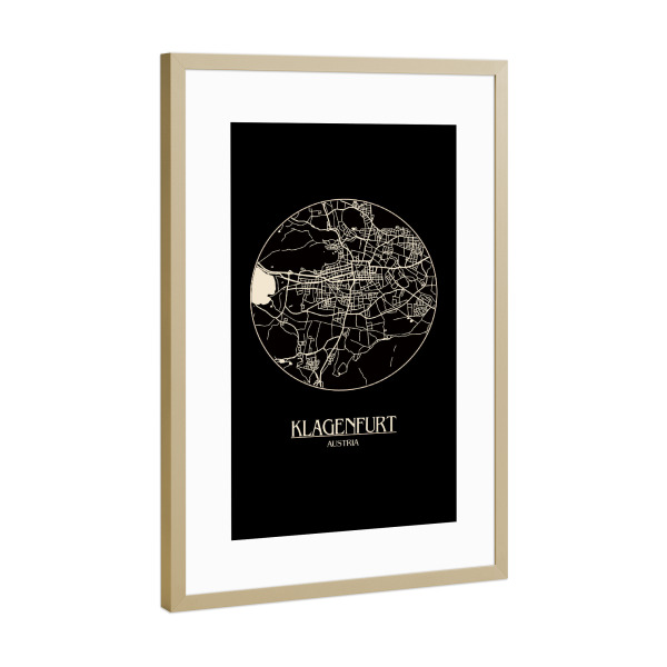 Poster mit Rahmen Gold "Retro Map Klagenfurt Black Round" artboxONE - Städte,Reise,Städte / Weitere,Kartografie - Retro,Map,Klagenfurt,Austria,Vintage