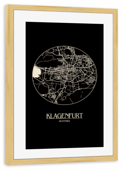 Poster mit Rahmen kiefer "Retro Map Klagenfurt Black Round" artboxONE - Städte,Reise,Städte / Weitere,Kartografie