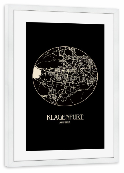 Poster mit Rahmen weiß "Retro Map Klagenfurt Black Round" artboxONE - Städte,Reise,Städte / Weitere,Kartografie - Retro,Map,Klagenfurt,Austria,Vintage