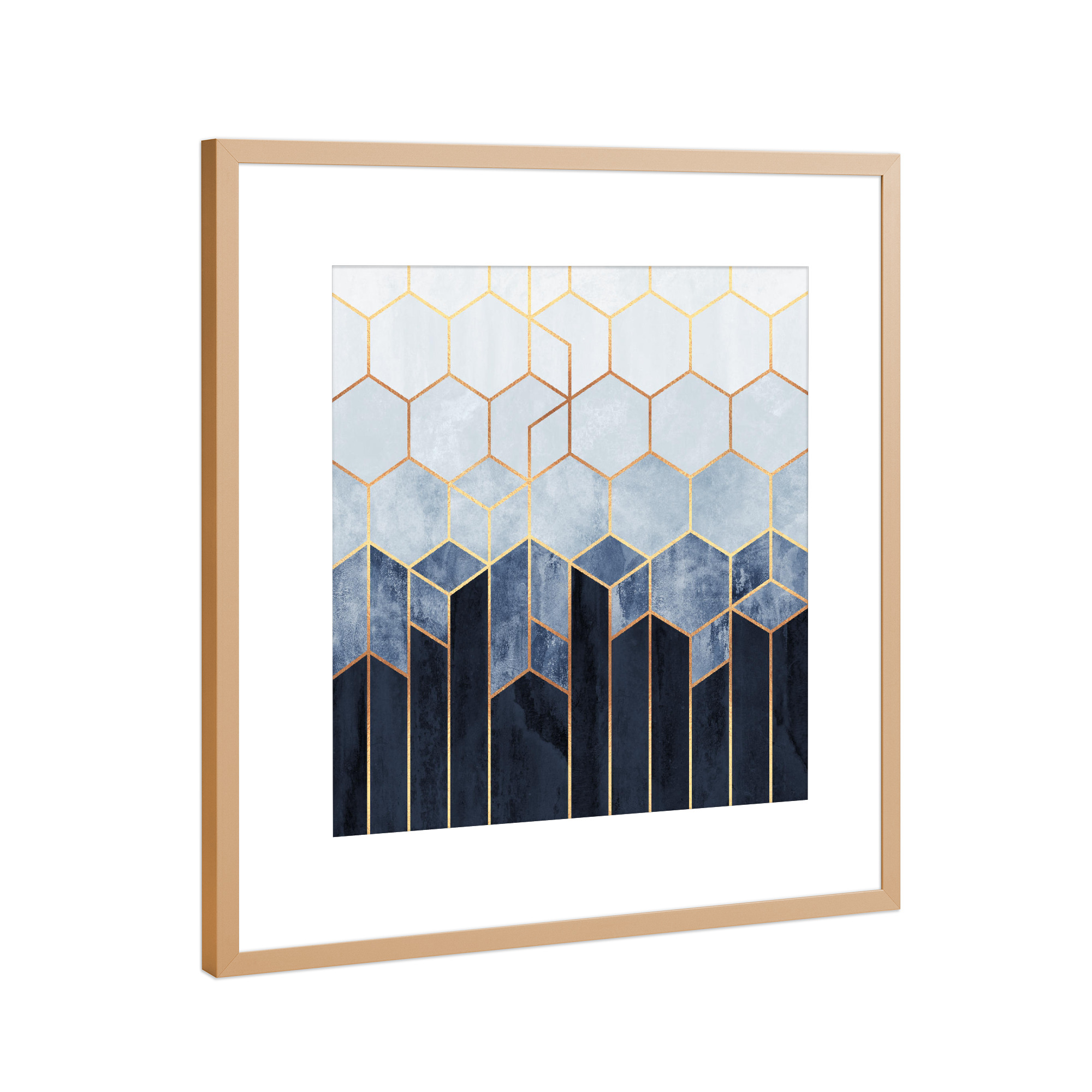Poster mit Rahmen Kupfer "Soft Blue Hexagons" artboxONE - Geometrie - Geometry,Modern,Hexagons,Marble