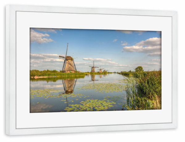 Poster mit Rahmen weiß "Sommer in Kinderdijk" artboxONE - Reise / Länder - Windmühlen,Holland,Niederlande,Kinderdijk