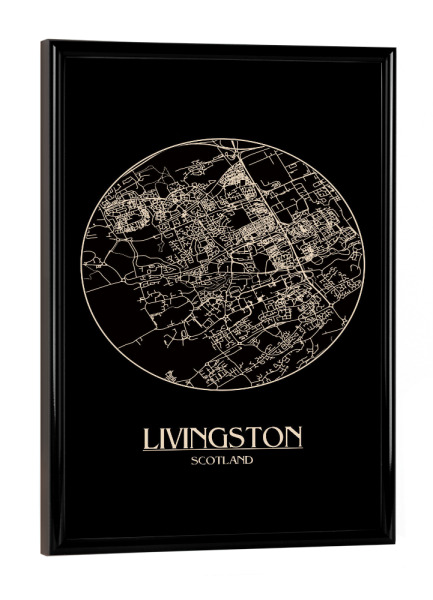 Poster mit schwarzem Rahmen "Retro Map Livingston Black Round" artboxONE - Städte,Reise,Städte / Weitere,Kartografie