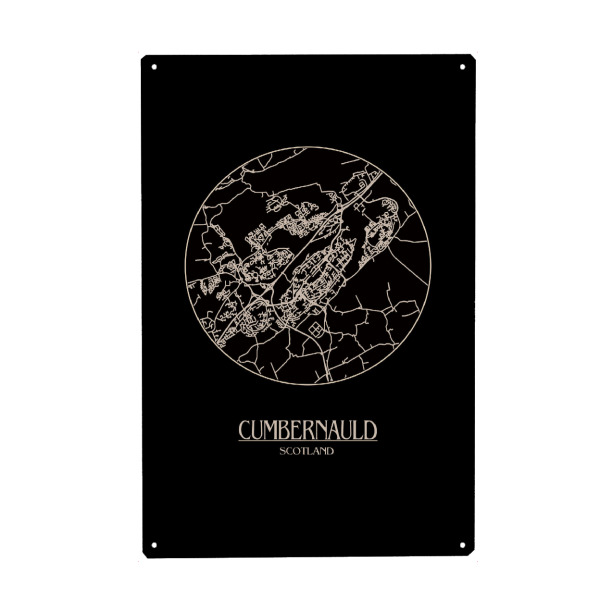 Metall Poster "Retro Map Cumbernauld Black Round" artboxONE - Städte,Reise,Städte / Sankt Petersburg,Städte / Weitere,Kartografie