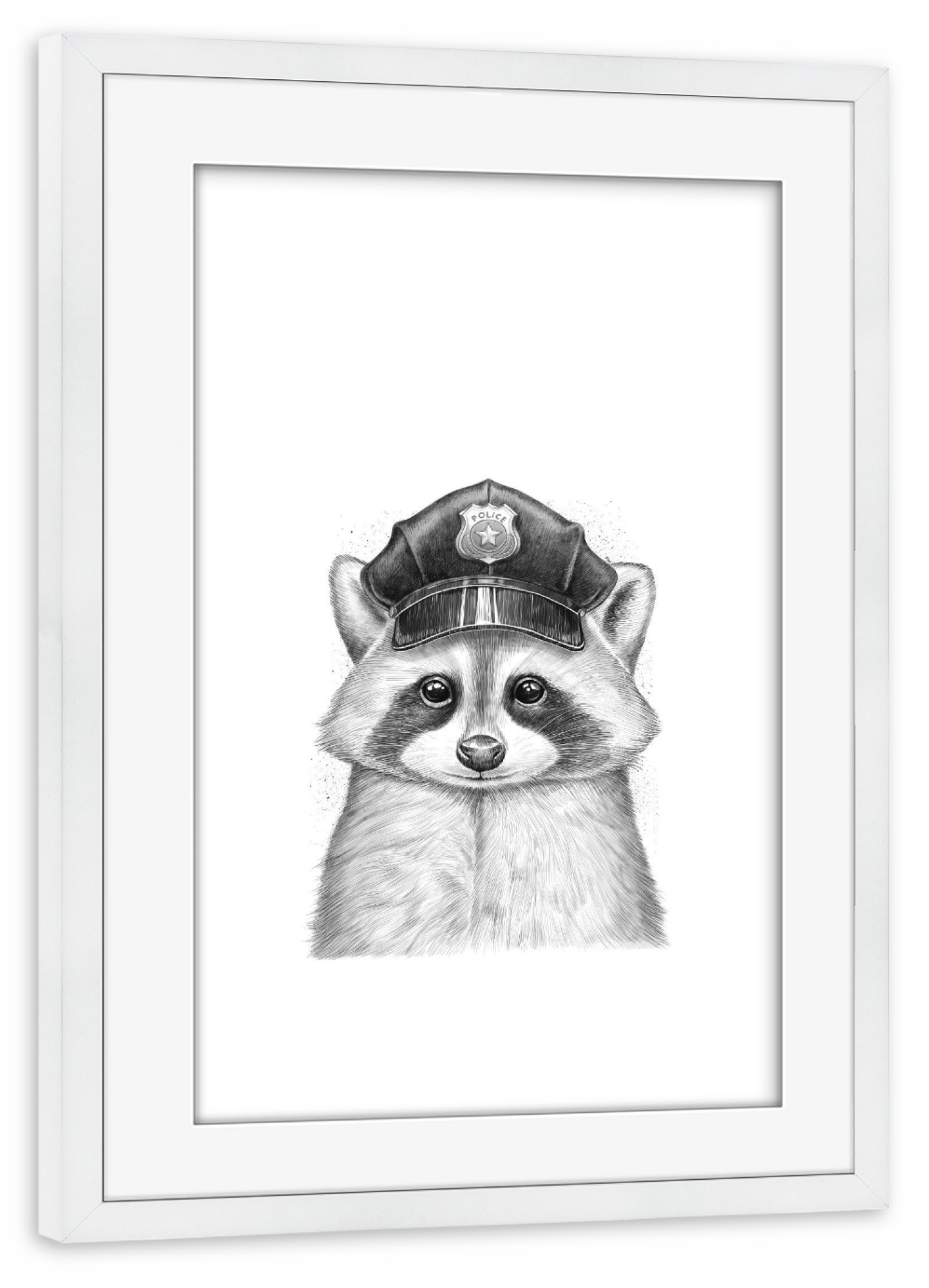 Poster mit Rahmen weiß "Raccoon policeman" artboxONE - Natur,Tiere,Schwarzweiß - Waschbär,Waschbären,Tier,Polizei,Polizist,Hut