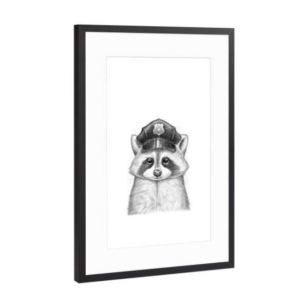 Poster mit Rahmen Schwarz (Metallic) "Raccoon policeman" artboxONE - Natur,Tiere,Schwarzweiß - Waschbär,Waschbären,Tier,Polizei,Polizist,Hut