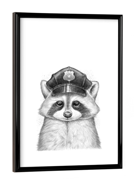 Poster mit schwarzem Rahmen "Raccoon policeman" artboxONE - Natur,Tiere,Schwarzweiß - Waschbär,Waschbären,Tier,Polizei,Polizist,Hut