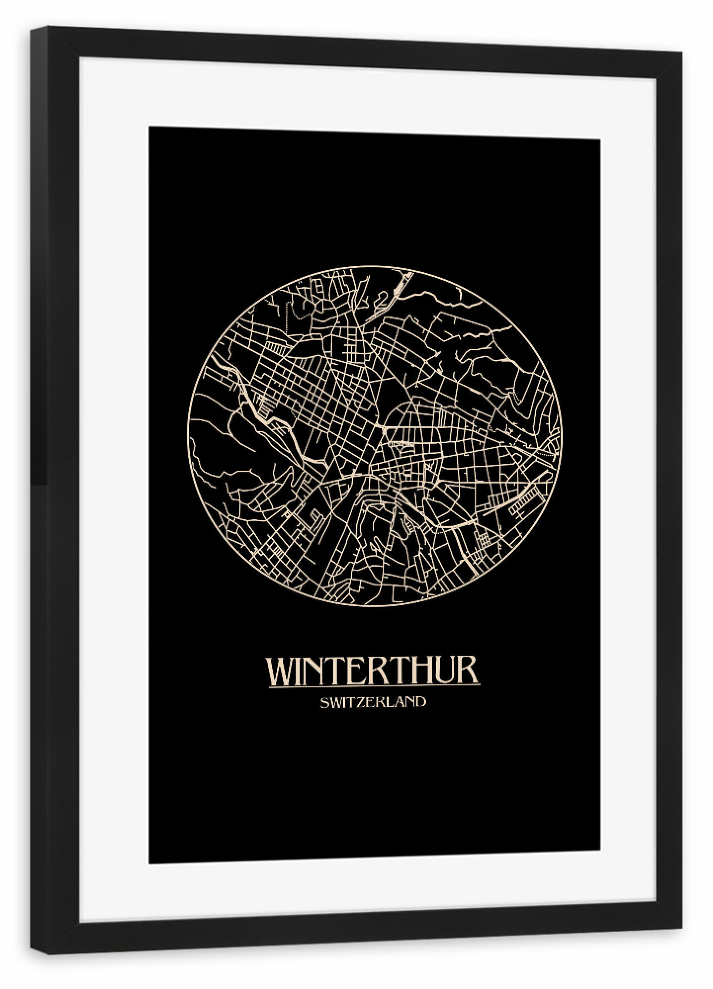 Poster mit Rahmen schwarz "Retro Map Winterthur Round" artboxONE - Städte,Reise,Städte / Weitere,Kartografie