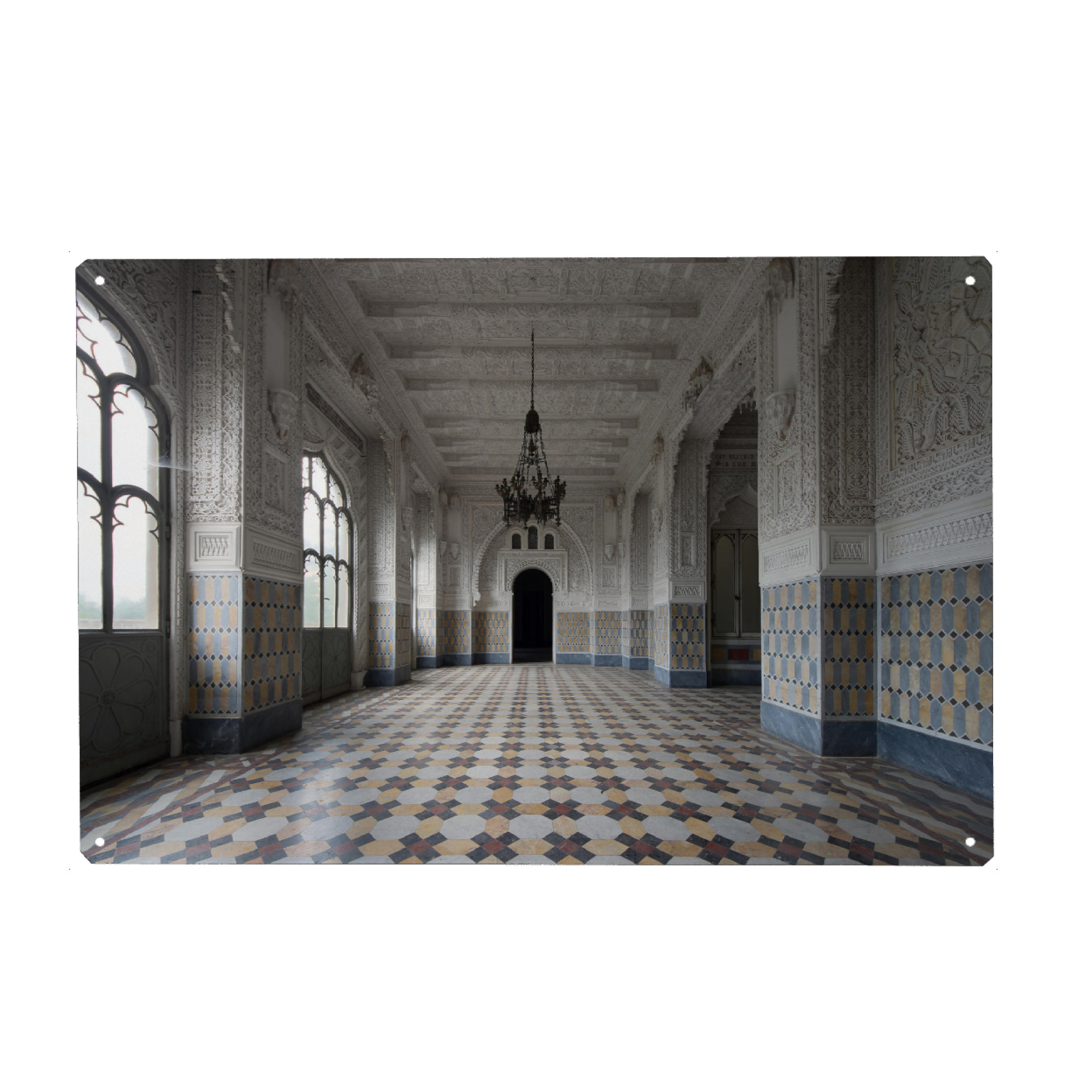 Metall Poster "Black Chandelier" artboxONE - Architektur - Verlassen,Lost places,Lost,Castle,Schloss,Muster - Blechschild