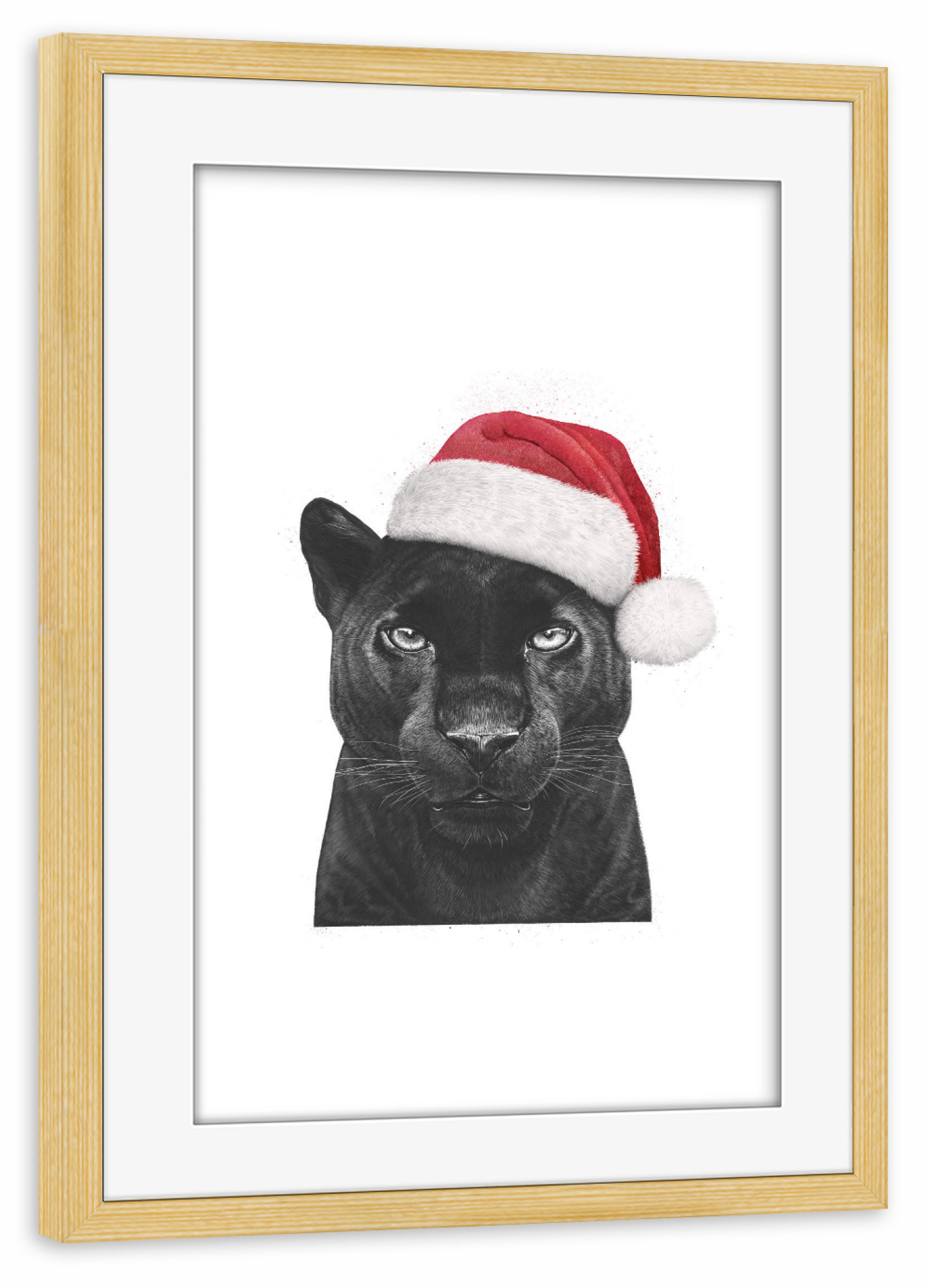 Poster mit Rahmen kiefer "Christmas panther boy" artboxONE - Tiere,Schwarzweiß,Weihnachten - Panther,Black panther,Christmas,Cat